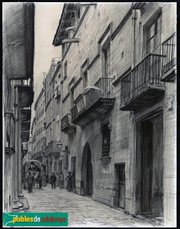 Carrer de Montcada. Gent i carros. Dibuix Dionís Baixeras 1909 AHCB Carrer de Montcada. Gent i carros. Dibuix Dionís Baixeras 1909 AHCB
