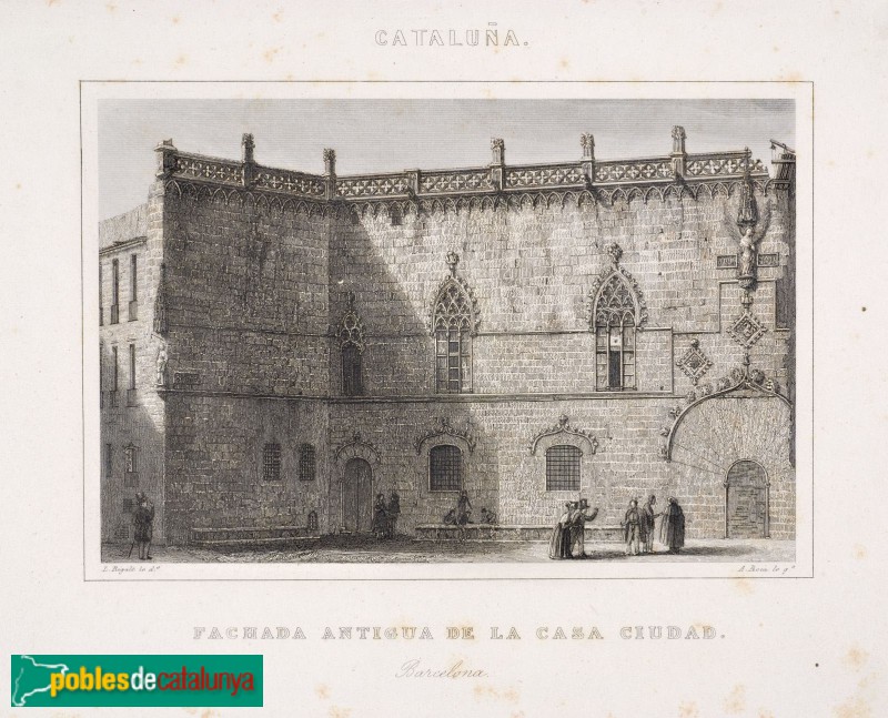 Casa de la Ciutat. Façana gòtica - Gravat procedent del llibre de Pi i Margall "España, obra pintoresca...", 1844-45 ( Arxiu Històric de la Ciutat de Barcelona)