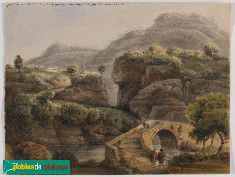 Pont sobre el riu Rossinyol a Sant Miquel del Fai. Aquarel·la d'A. Delamare, 1826