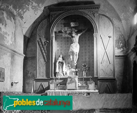 Vilaplana - Altar de l'església de Sant Salvador de la Mussara (Foto: <i>Marcel·lí Gausachs -Arxiu Fotogràfic Centre Excursionista de Catalunya-</i>, 1915-30) Vilaplana - Altar de l'església de Sant Salvador de la Mussara