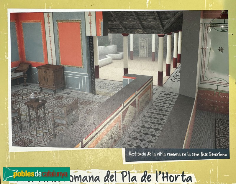 Sarrià de Ter - Vil·la romana del Pla de l'Horta. Recreació de la casa en època severiana (Foto: cartell in situ) Sarrià de Ter - Vil·la romana del Pla de l'Horta. Recreació de la casa en època severiana