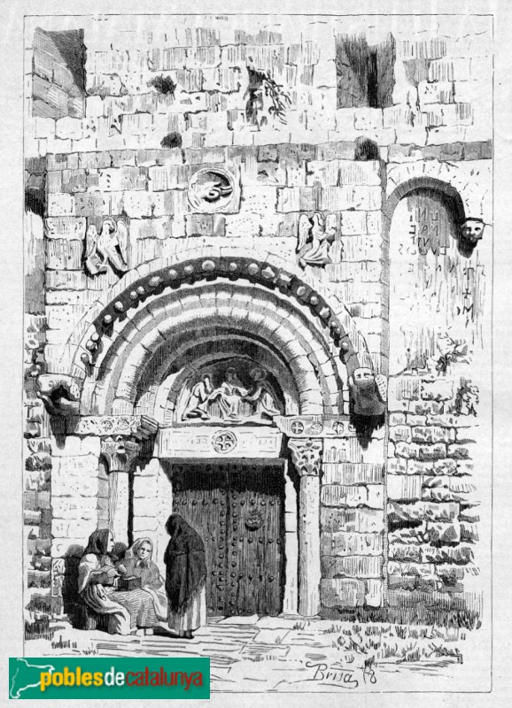 Barcelona - Sant Pau del Camp - Portada (Dibuix de Brisa, gravat d'E. Gómez -La Ilustració Catalana, I, 1880-)