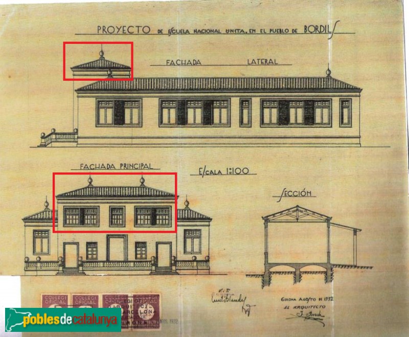 Bordils - Escola Municipal. Plànol, 1932