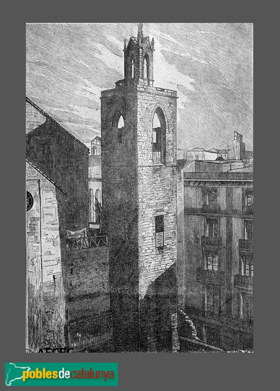 Reproducció de la plana d'un llibre amb un gravat de la torre de l'església de Sant Miquel