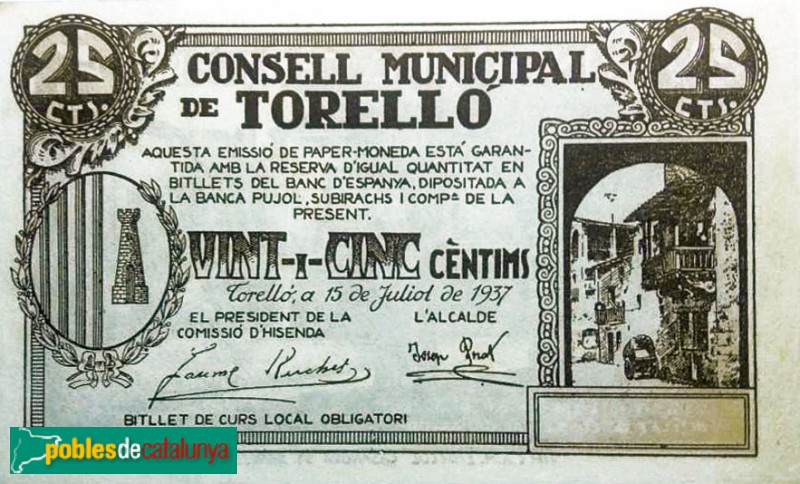 Torelló - Bitllet emès l'any 1937 amb la imatge de la Casa Teixidó Torelló - Bitllet emès l'any 1937 amb la imatge de la Casa Teixidó